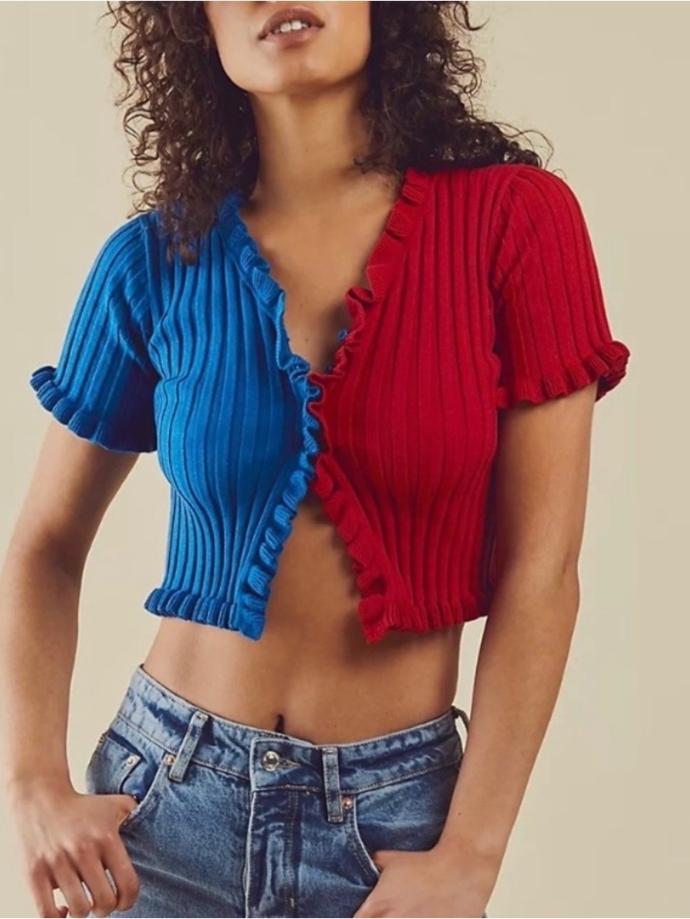 Free People Two-Tone Ribbed Crop Top in Red & Blue